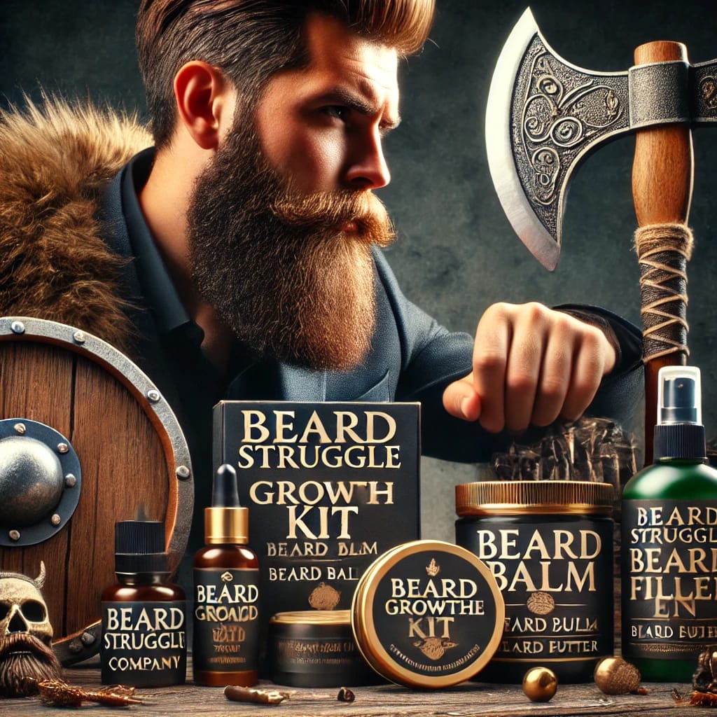 A dynamic display of The Beard Struggle products, including Beard Growth Kit, Beard Balm, Beard Butter, and Beard Filler Pen, set against Viking-inspired décor with a confident man showcasing his well-groomed beard.